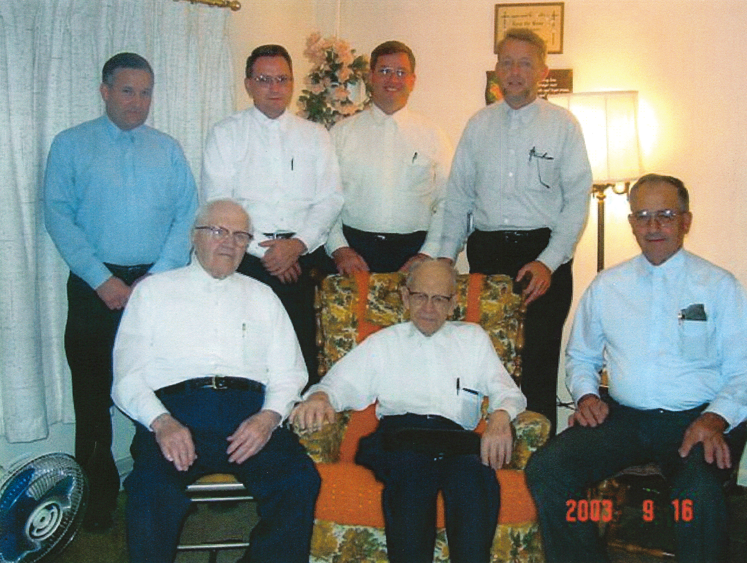 9/16/2003 PMC Bishop group. Front row. L to R Sidney Gingerich, Aaron Shank. and Harry Neuenschwander. Back row Earl Ray Hursh, Ivan Martin Jr, H. Stephen Ebersole and Simon R. Yoder